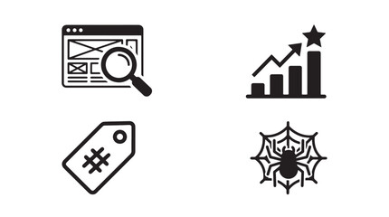 Obraz premium Set of four black line icons featuring search engine optimization, business growth chart, digital marketing tag, and web spider crawl for website development and digital strategy projects on