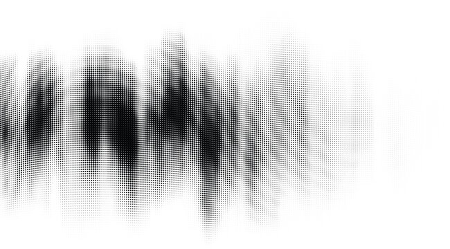 Vector black halftone element fading across a white background. Vertical blurred dot bars made by dotted waves.