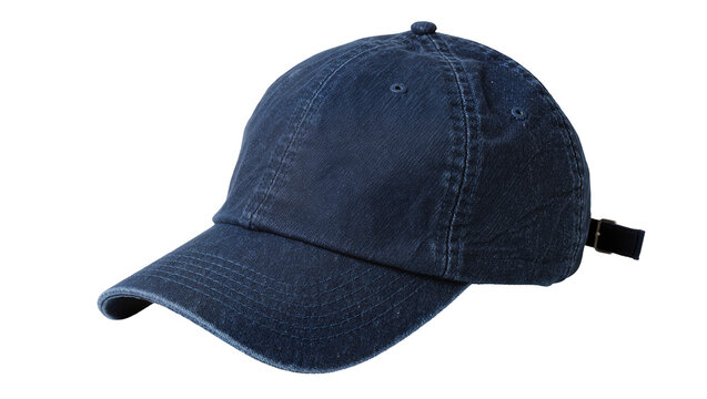 Dark blue denim baseball cap with adjustable strap, isolated on transparent background