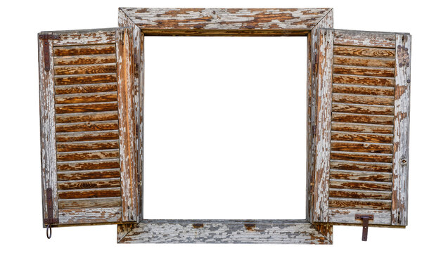 Rustic weathered wooden window frame with open shutters, isolated on transparent background