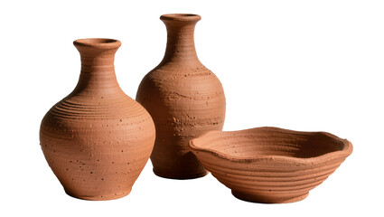 Terracotta vases and bowl with rustic texture, isolated on transparent background