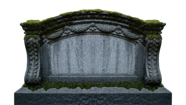 Ornate granite tombstone with mossy accents, isolated on transparent background