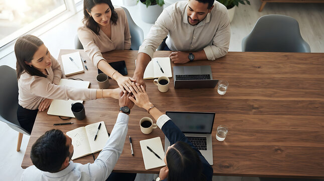Diverse business team stacking hands together in a modern meeting room