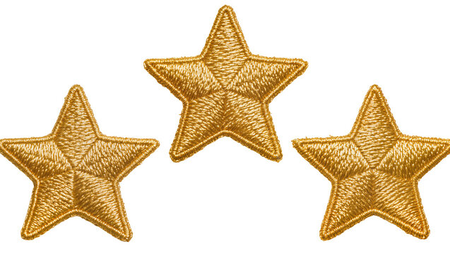 Three golden embroidered stars, isolated on transparent background