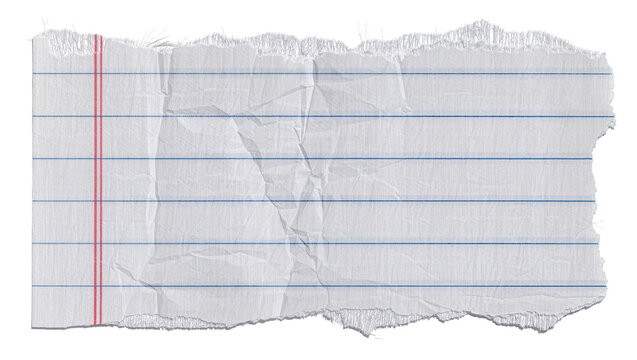 Torn lined notebook paper with red margin crumpled texture, isolated on transparent background