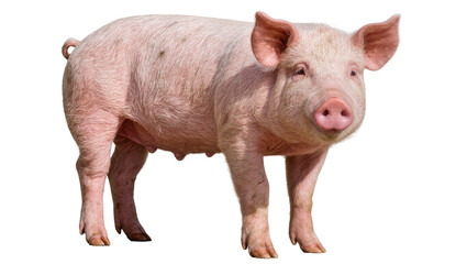 Pink piglet with curly tail standing, isolated on transparent background © Maria