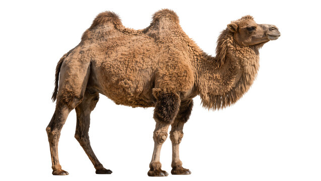 Brown dromedary camel with shaggy fur standing, isolated on transparent background