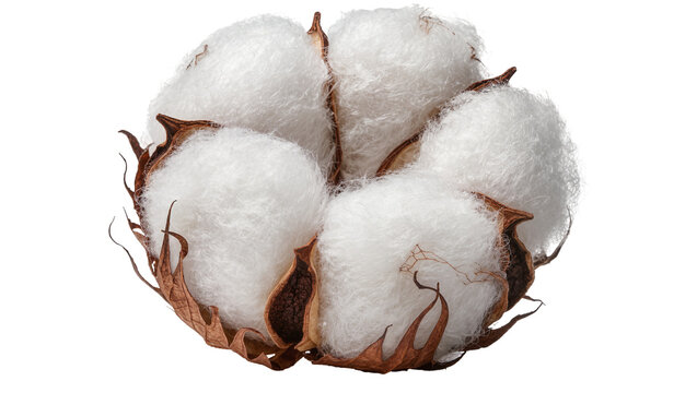 Fluffy white cotton boll with brown dried leaves, isolated on transparent background