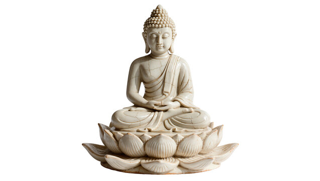 Serene Buddha statue with cracked texture sitting on lotus flower, isolated on transparent background