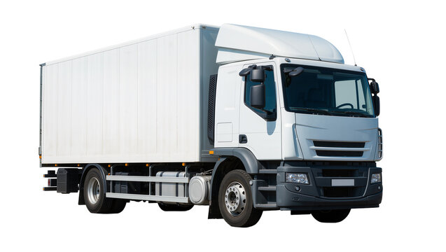 White box truck with large cargo container, isolated on transparent background