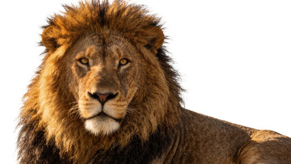 Majestic male lion with full mane resting peacefully, isolated on transparent background © Maria