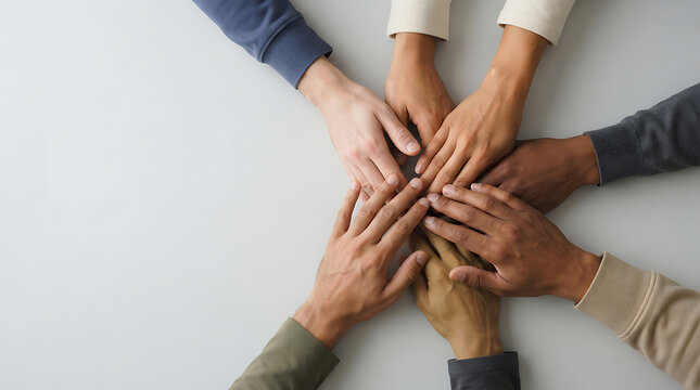 Diverse group of people stacking hands together for unity and teamwork
