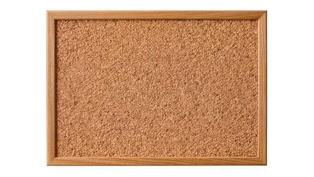 Rectangular cork board with wooden frame, isolated on transparent background