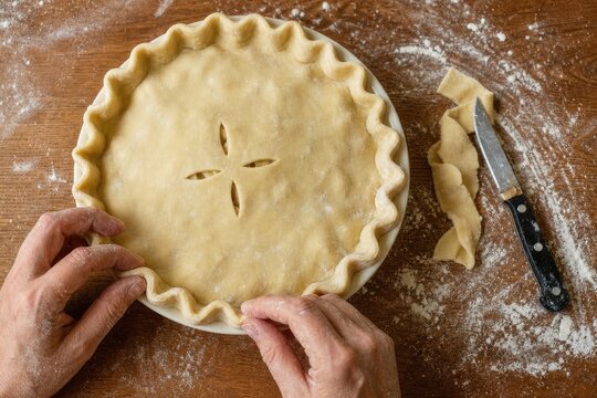 Raw dough pie crust with decorative edges in white ceramic dish being prepared by hands on rustic wooden table background for traditional homemade apple dessert.