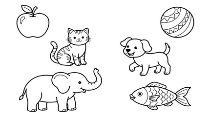 Obraz premium Set of cute animals and objects for children coloring page featuring a cat, dog, elephant, fish, apple and a ball