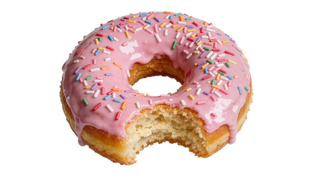 Pink frosted donut with rainbow sprinkles bite taken out, isolated on transparent background
