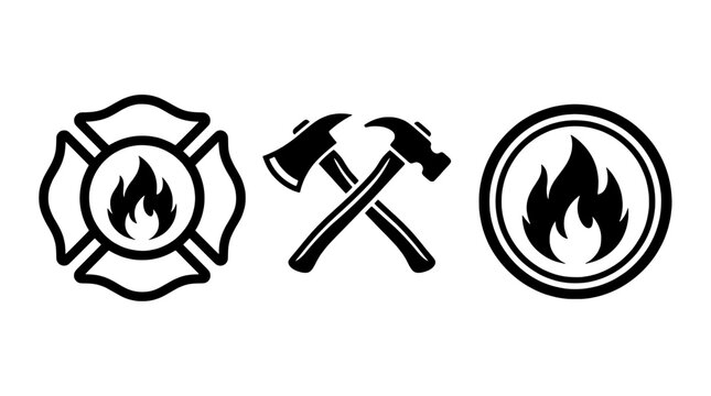 Set of firefighter emblems including maltese cross, crossed axes and flame icons in black and white style