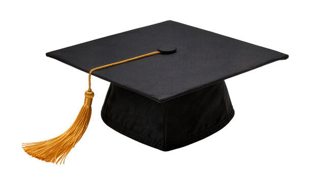 Black graduation cap with golden tassel, isolated on transparent background