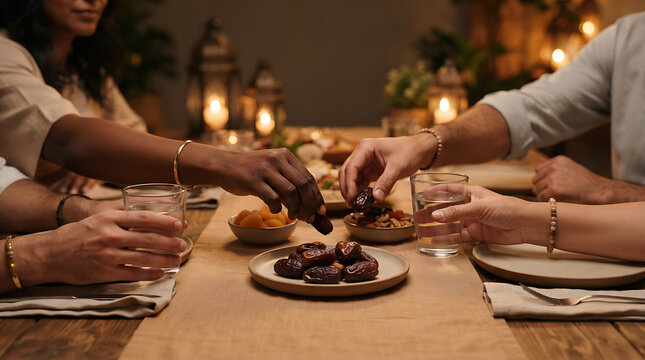 Friends eating sweet dates together at a cozy dinner table at night