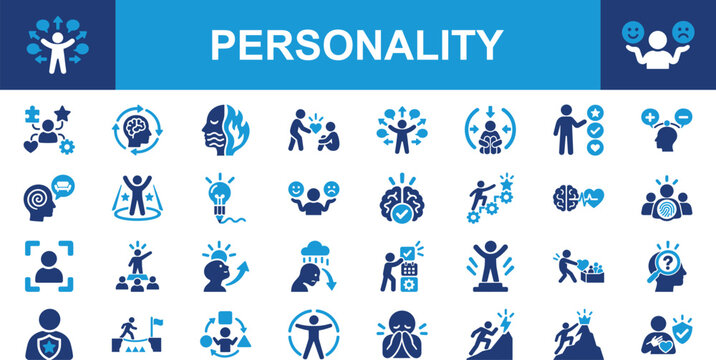Personality solid icon set. Includes blue and white symbols for human behavior, psychology, traits, and mental health. Vector graphic collection for mental wellness and counseling