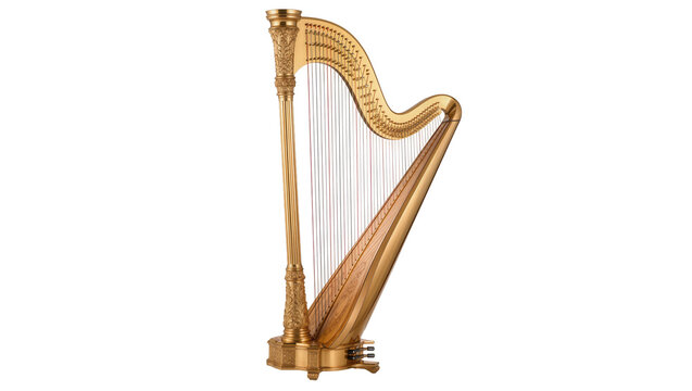Ornate golden harp with intricate carvings, isolated on transparent background