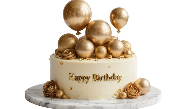 Creamy white birthday cake with golden balloons roses and text, isolated on transparent background