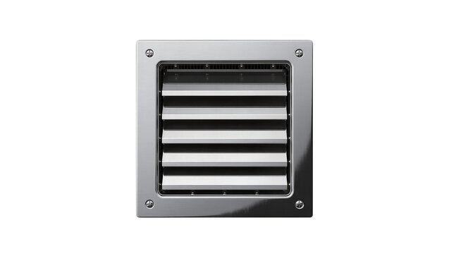 Polished metal ventilation grille with horizontal slats, isolated on transparent background