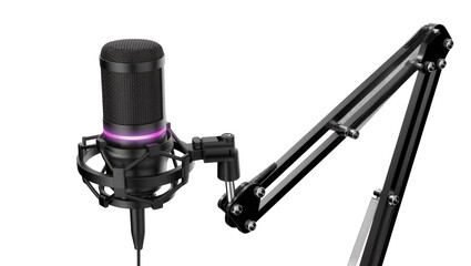Black condenser microphone with purple LED ring on shock mount attached to adjustable boom arm, isolated on transparent background © Maria
