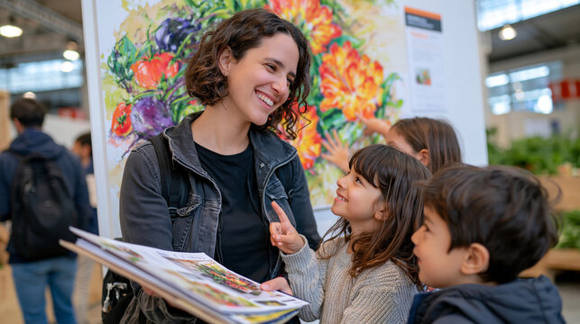 Interior designer reviews fabric swatches and layout boards at a crowded design fair, her family gathered nearby pointing at a community supported agriculture wall installation featured in the exhib