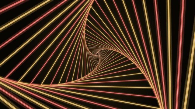Hypnotic abstract tunnel formed by intersecting red and gold neon lines against a black background. A digital spiral vortex creating depth and motion, suitable for technology and futuristic visuals.