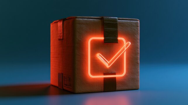 A generic parcel sits in a bright, clean environment with a glowing checkmark symbolizing that the order is confirmed and ready.