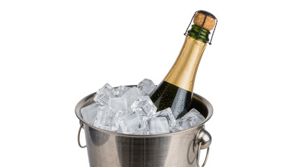 Champagne bottle chilling in metal bucket with ice cubes, isolated on transparent background © Veaceslav