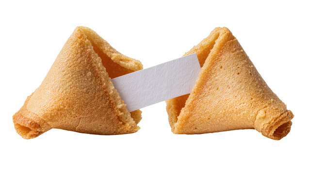 Two golden fortune cookies with blank paper strips, isolated on transparent background