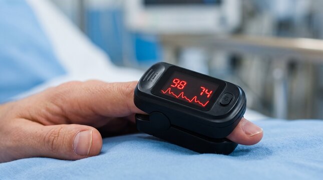 Patient wearing a pulse oximeter on finger measuring oxygen saturation