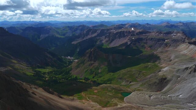 Yankee Boy Basin Blue Lakes trail Wrights Lake Mount Sneffels Wilderness summit 14er landscape drone aerial Colorado San Juan Range Rockies Stony Mountains morning sunny clouds blue sky circle right
