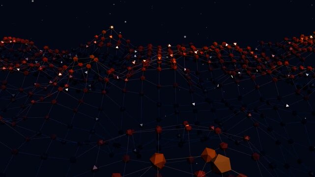 Pulsating digital network visualizing micro node connections on a dark abstract background, technology data concept