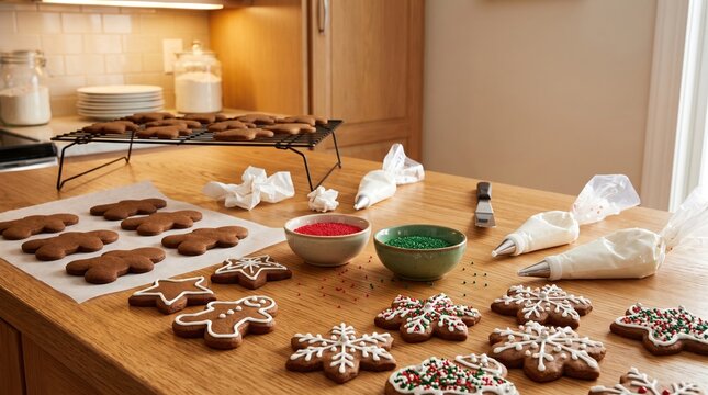 Decorating festive gingerbread cookies with icing and sprinkles on a wooden table. Freshly baked holiday treats are arranged with piping bags and bowls of colorful sugar.