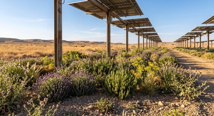 Fototapeta premium Solar panels integrated with vibrant pollinator garden in arid landscape showcasing sustainable energy and biodiversity