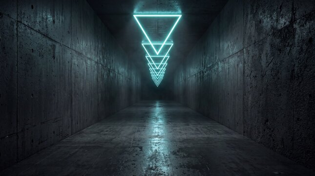 Cyan neon triangle lights ceiling decoration inside long dark concrete corridor with reflection.