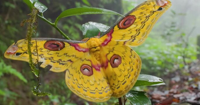 Closeup Yellow Tussar silk moth resting on roadside leaf; slow motion Western Ghats macro loop, red dots on wings