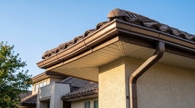 Modern house roof detail with brown gutters and tiled roof against blue sky