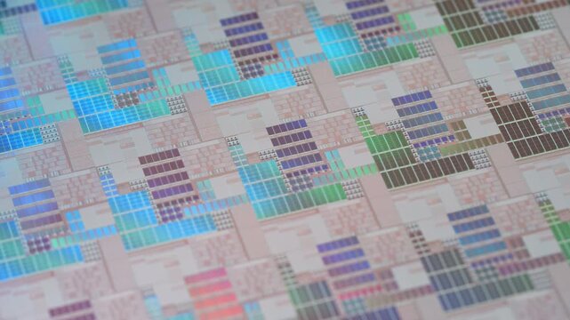 wafer silicon monocrystalline  with microchips after photolithography etching manufacturing reflecting different colors used in fabrication of electronic integrated circuits.