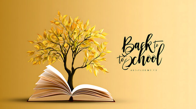  Web banner illustration themed around returning to school, featuring an open book tree. Concept of education through reading and classroom learning for children worldwide.
