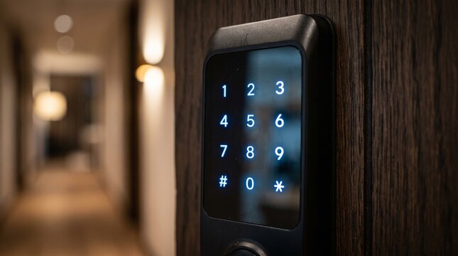 Modern electronic keypad door lock mounted on wooden frame in a hotel corridor