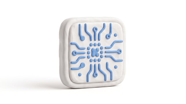 3d clay model of a computer microchip with blue circuit lines
