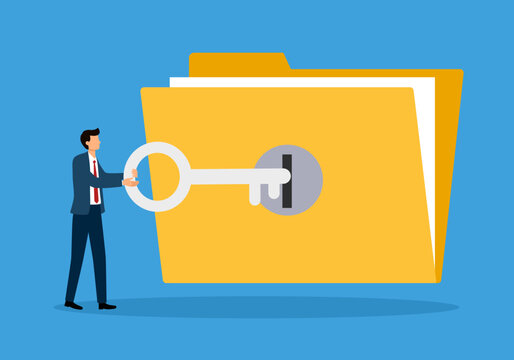 Data management and document security concept. Businessman uses a giant key to unlock and access a file folder. Cybersecurity solution or a confidential archive.