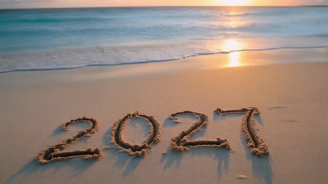 2027 im Sand am Strand bei Sonnenaufgang