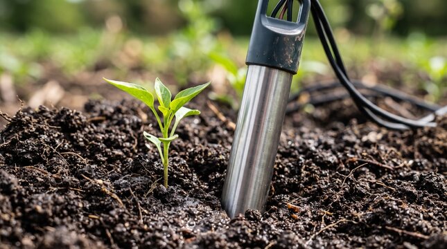 Soil moisture sensor inserted into rich dark dirt next to a green sprout