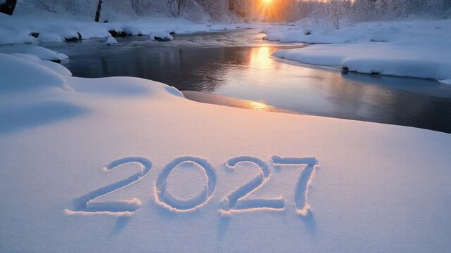 2027 im Schnee vor winterlichem Fluss bei Sonnenaufgang