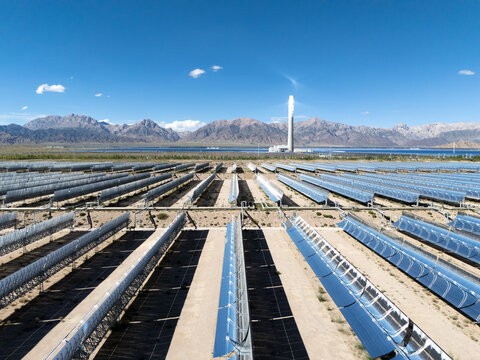 Desert parabolic trough solar thermal power plant landscape